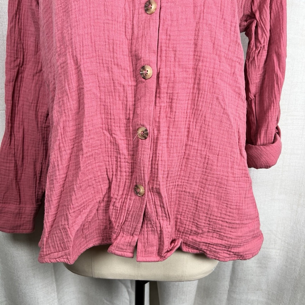 COMO VINTAGE Gauzy Roll-Tab Sleeve Button Up Tunic Top Textured Rose Pink‎ XL - Picture 3 of 11